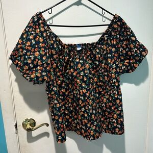 Puff sleeve navy floral shirt
